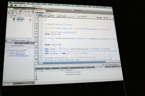 A computer screen displaying lines of JavaScript code within a programming interface. The code contains variable declarations and functions, with a layout featuring directory navigation and options in a sidebar.