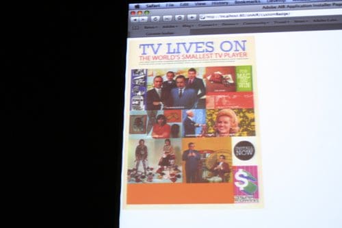A colorful advertisement featuring various vintage television images, with bold text at the top reading "TV LIVES ON" and a subtitle that states "THE WORLD'S SMALLEST TV PLAYER." The collage showcases nostalgic pop culture figures and scenes.