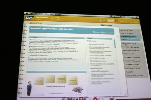A computer screen displaying an SAP Salesbook interface. The screen shows a section titled 'Revenue Opportunities with the ERP,' featuring information about business processes and links to related resources.