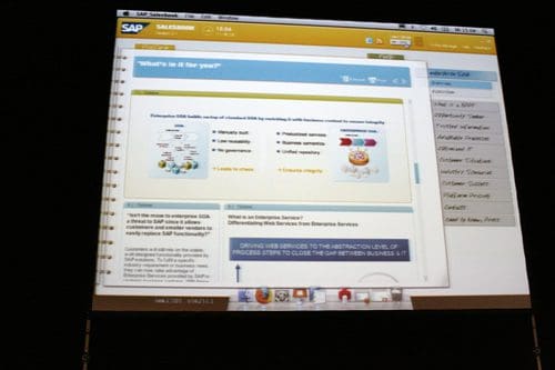 A computer screen displaying SAP SalesForce interface with sections titled "What’s in it for you?" including bullet points on business benefits, alongside various visual icons and a sidebar menu.