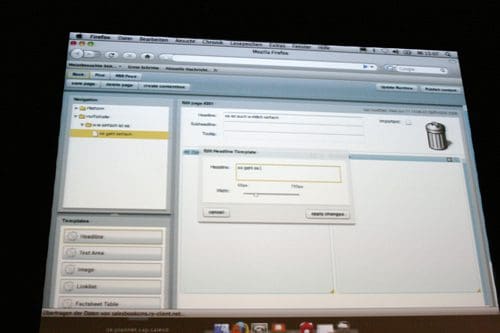 A computer screen displaying a web browser with an interface for editing content. The Firefox menu is visible at the top, with a list of template options on the left and an empty text area for input in the center.