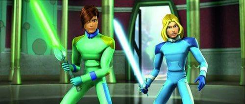 Two animated characters in futuristic outfits, one in green holding a lightsaber and the other in blue with a lightsaber, stand confidently in a technologically advanced setting with vibrant colors.
