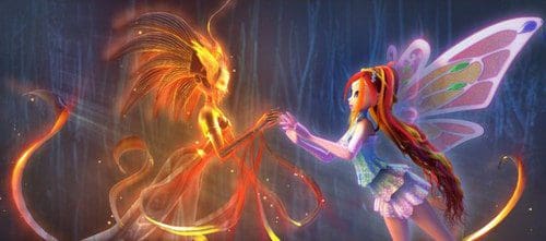 A fiery elemental figure with flowing flames reaches out to touch a young girl with vibrant, colorful wings. The ethereal background is illuminated with mystical light, creating a magical atmosphere.