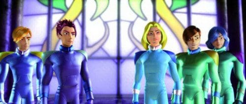 A group of five animated characters in colorful futuristic suits stands confidently in front of a stained glass window. Each character has a distinct hairstyle and facial expression, adding personality to the scene.