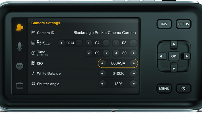 Camera settings interface with ISO adjustment.