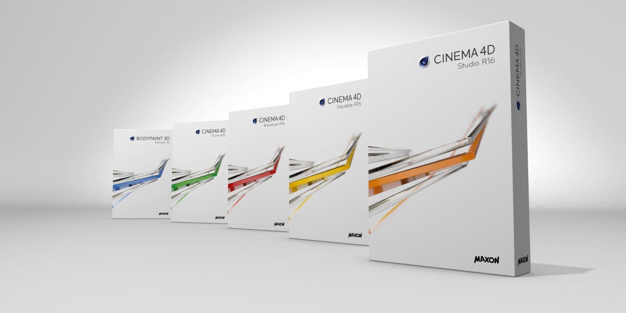 Five boxes of Cinema 4D software in various colors arranged in a line.