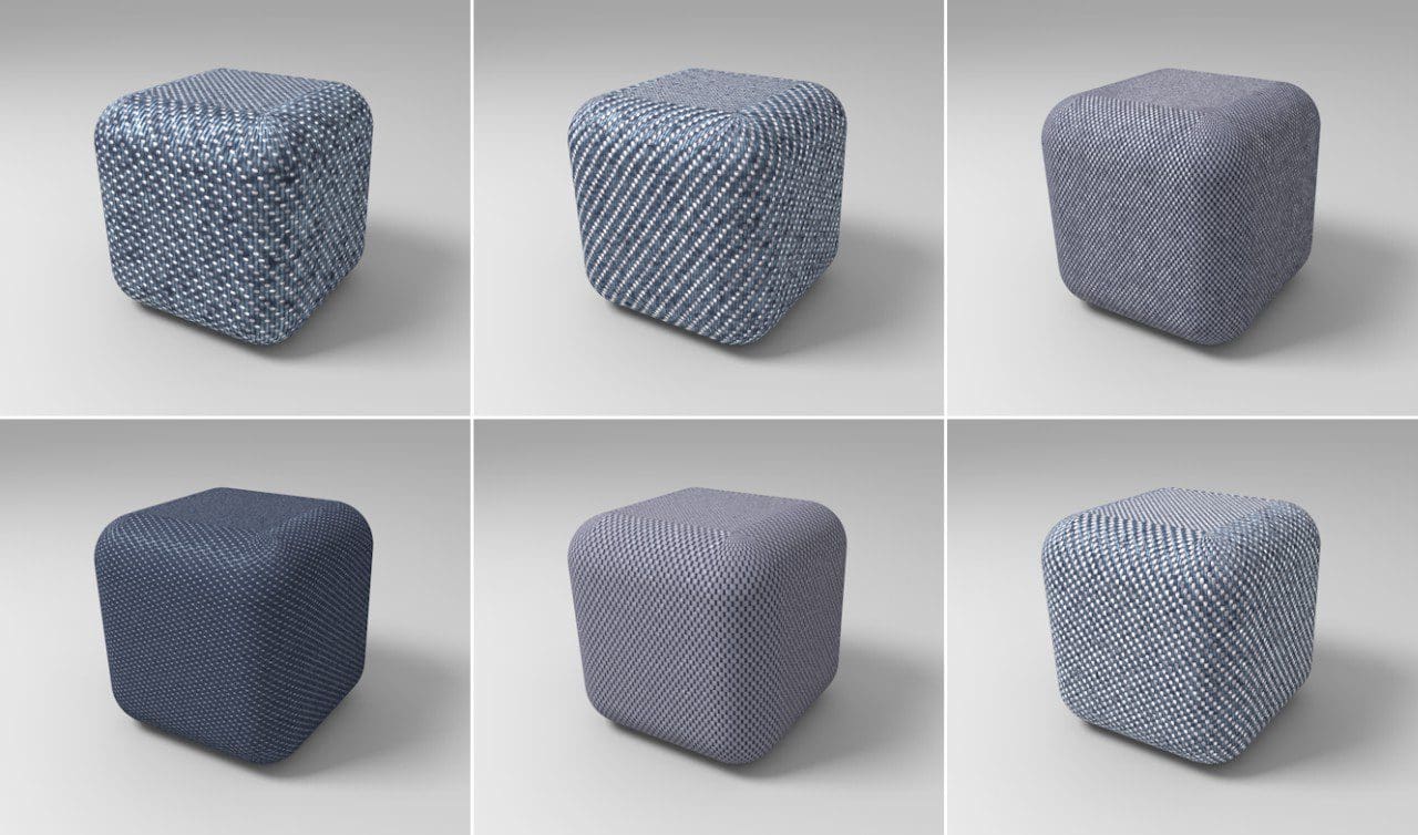 Various textured geometric objects in shades of blue and gray.
