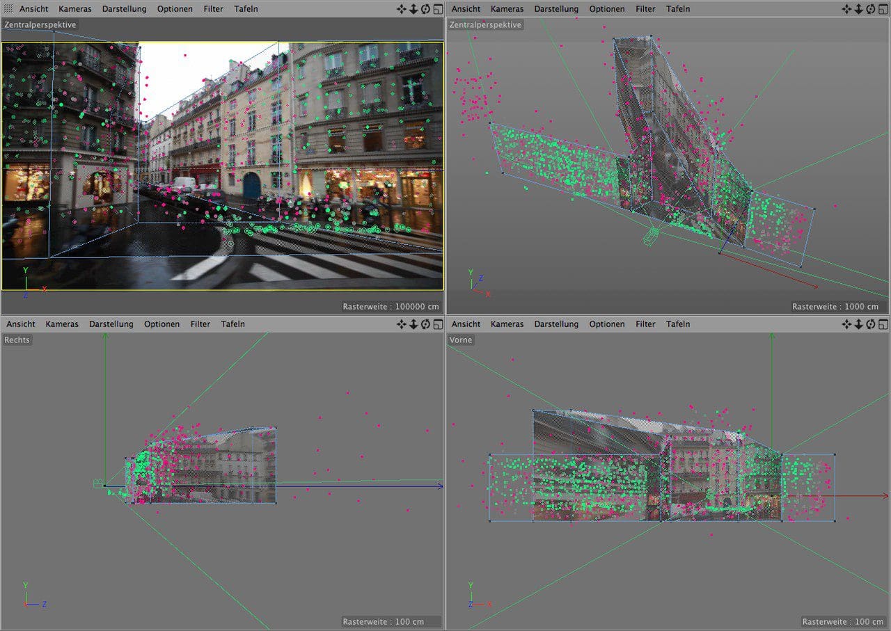 4-panel view of a street scene with 3D model overlays