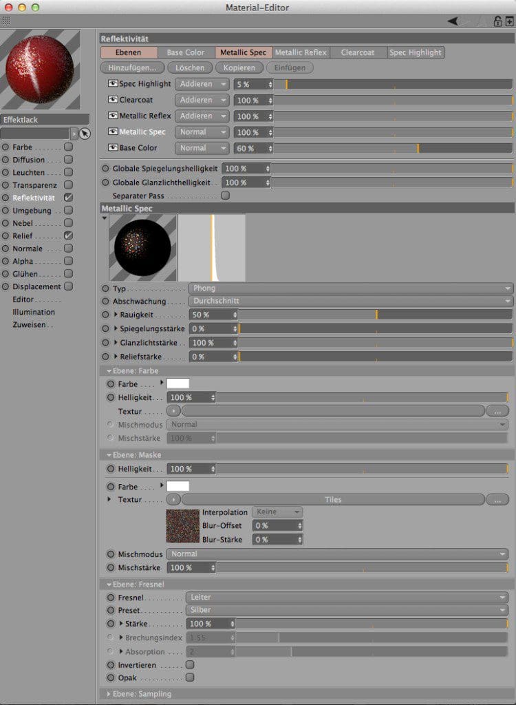 A software interface showing material editor settings with a sphere texture and various parameter sliders.