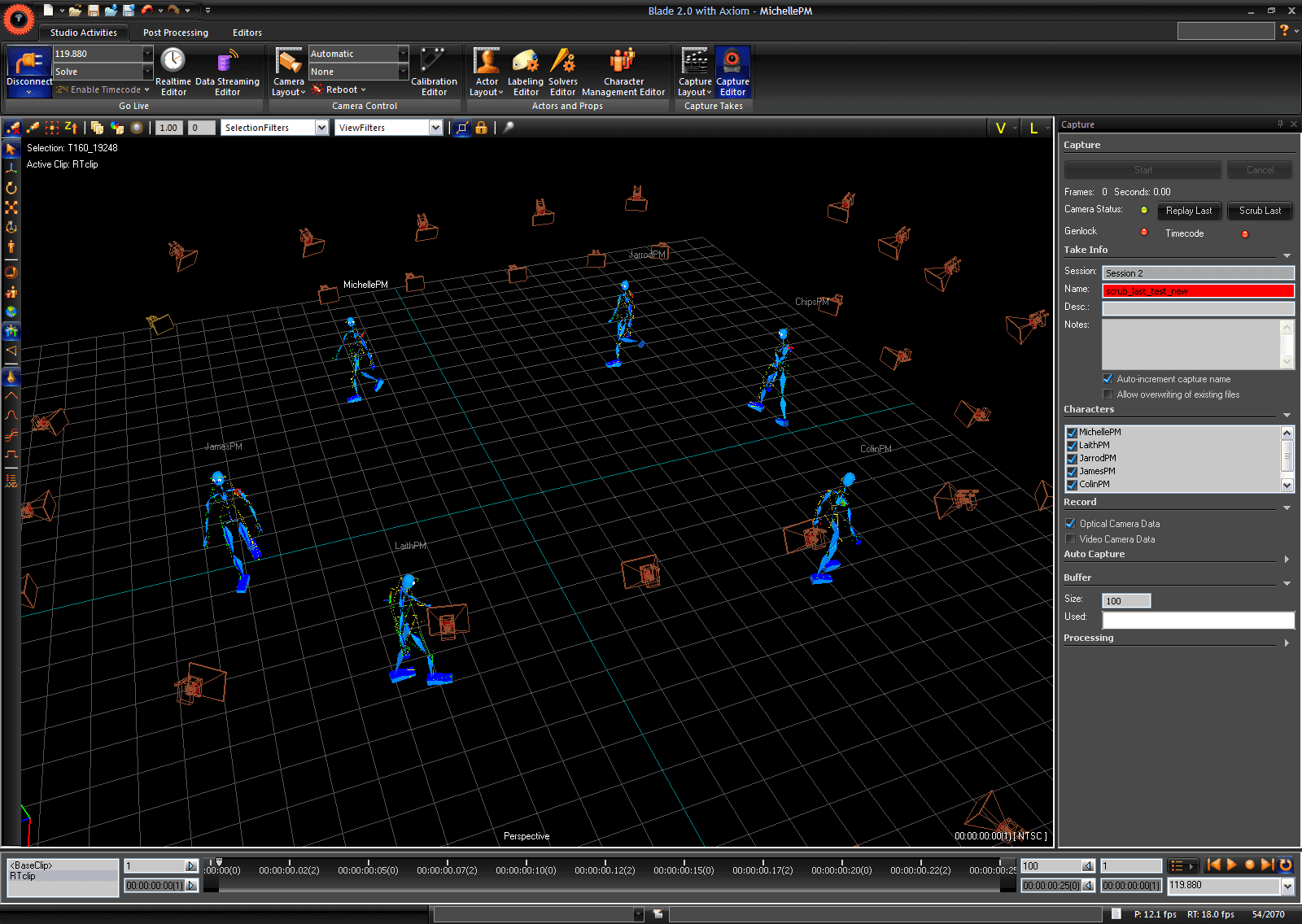 3D motion capture software interface with animated figures