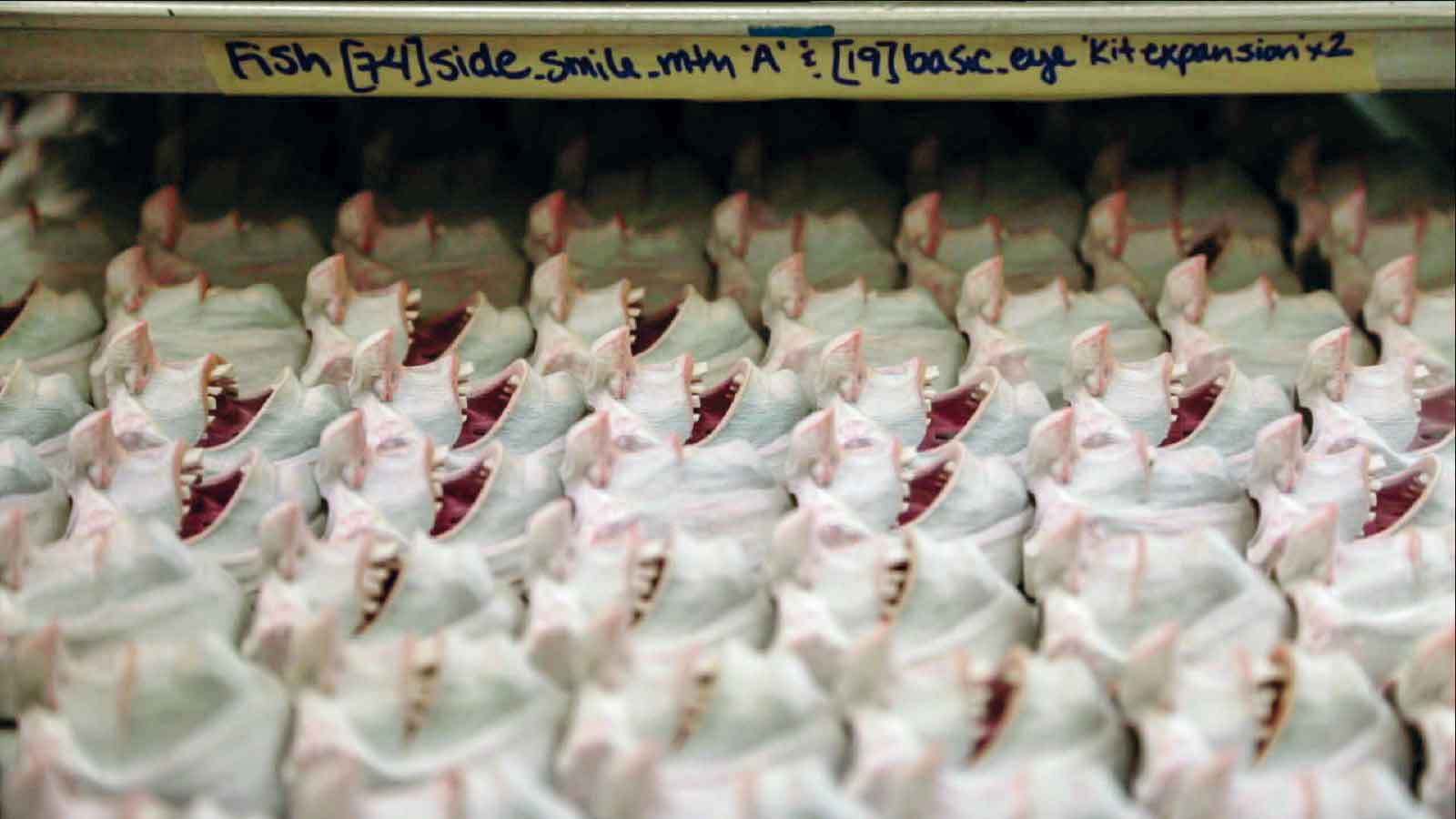 Several fish models arranged in rows on a shelf.