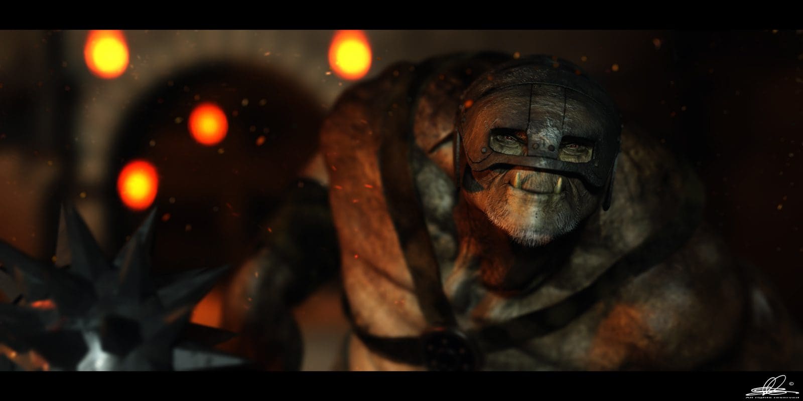 A large, muscular character with a mask and weapon in a dimly lit space.