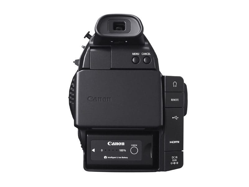 Back view of a Canon camera body with display and controls visible