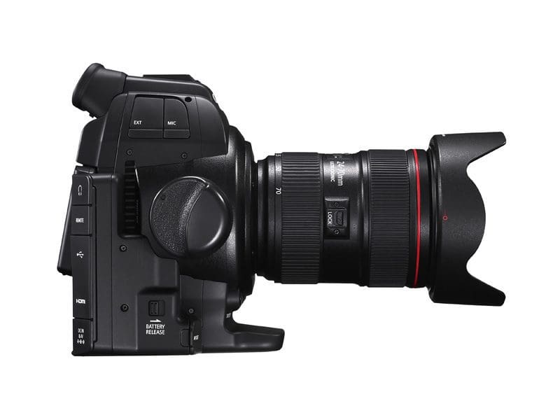 A professional camera with a large lens, viewed from the side.