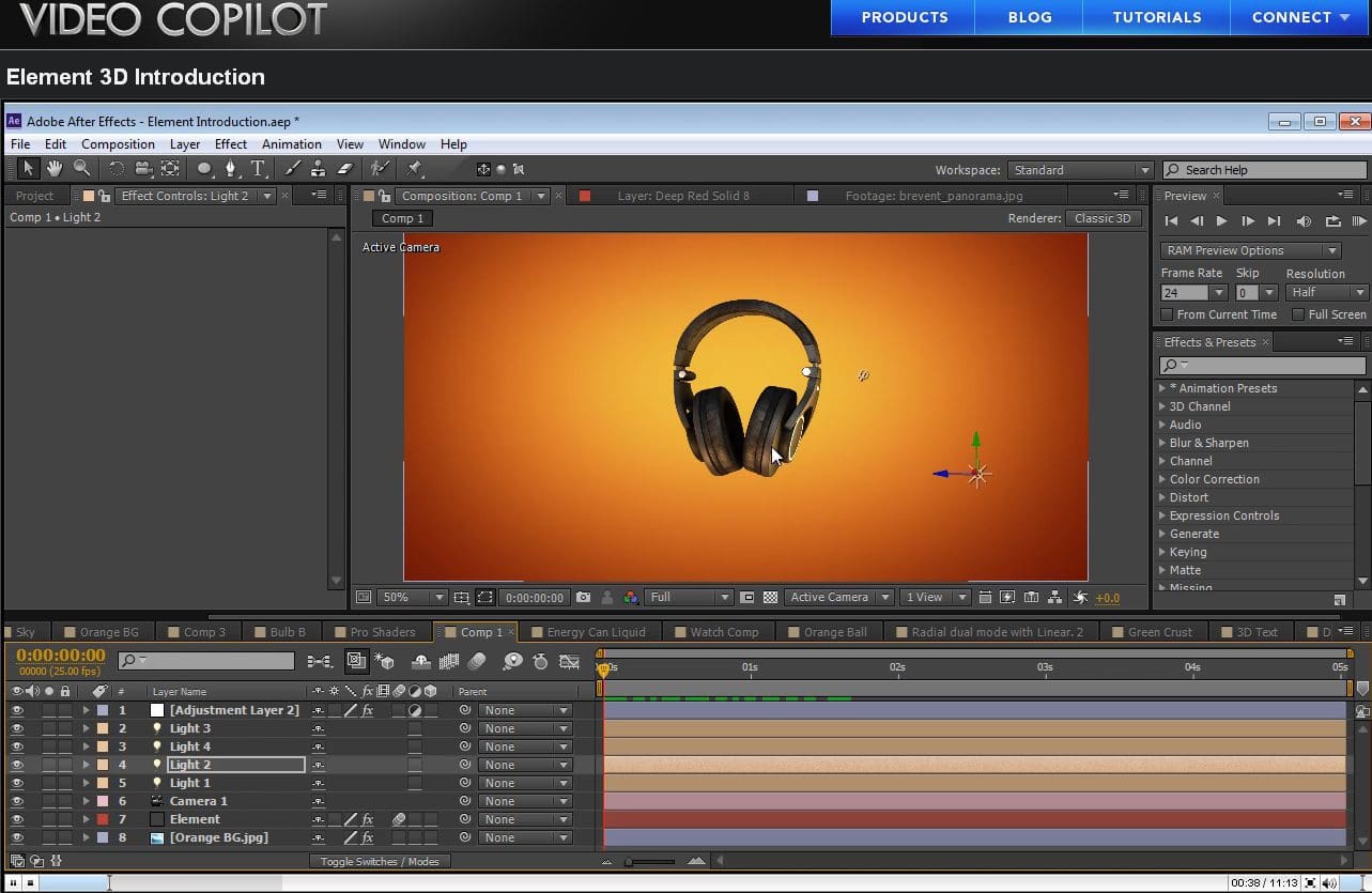 3D headphones displayed in Adobe After Effects interface