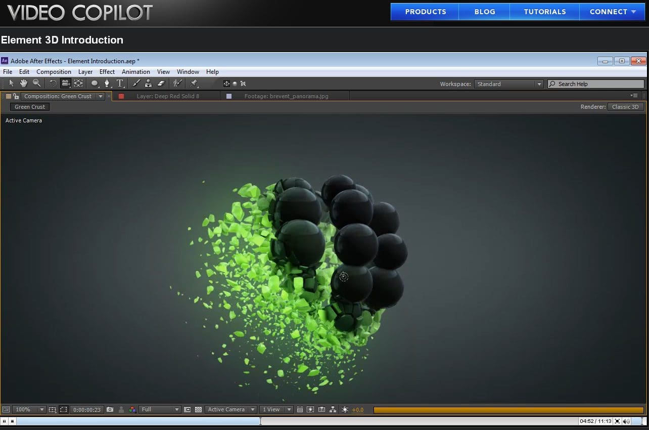3D animation software interface with green particles and black spheres.