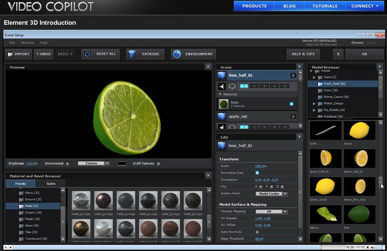 3D software interface showing a lime slice
