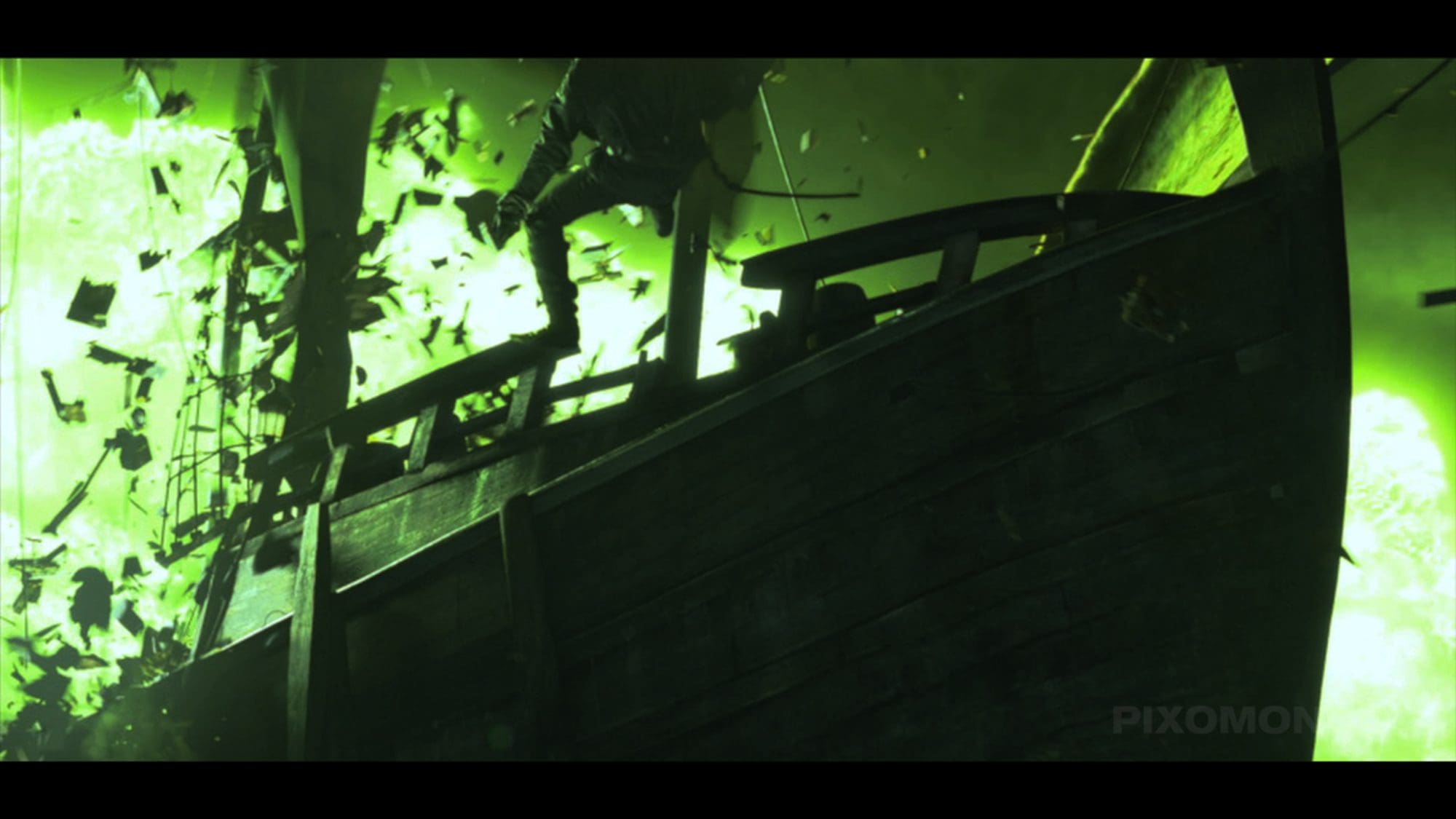 A ship with splintering wood surrounded by green light.