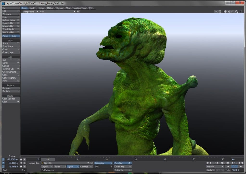 A green humanoid creature with exaggerated features in a 3D modeling software interface.