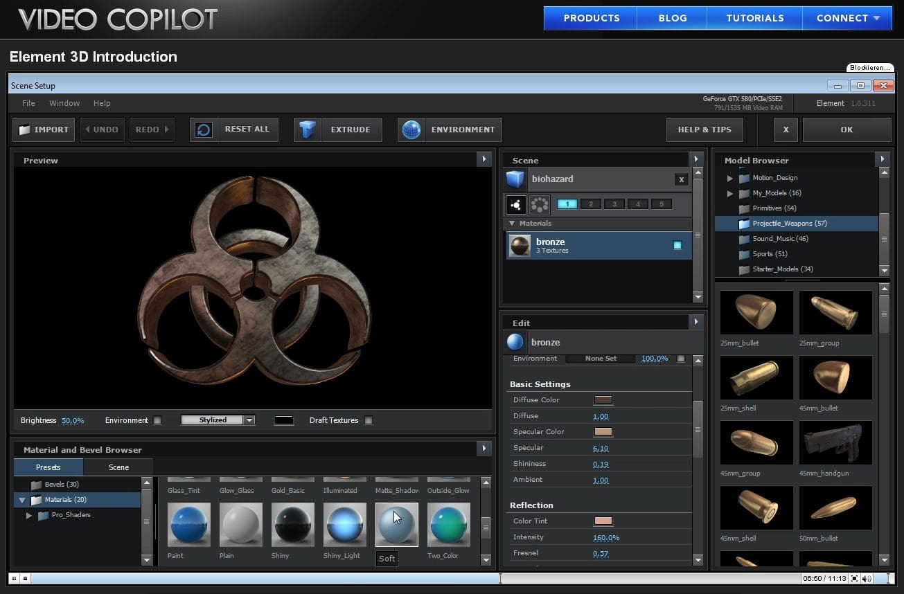 3D modeling software interface showing a biohazard symbol