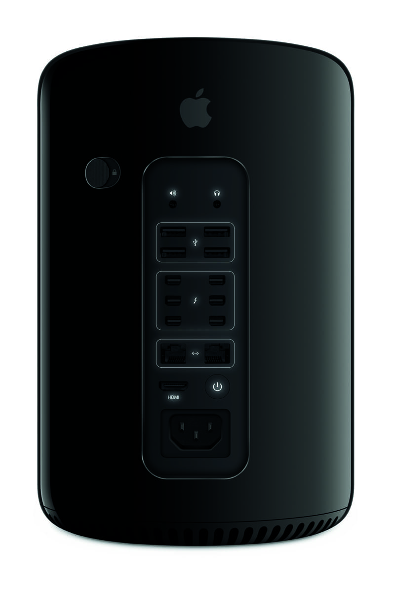 Rear view of a black Apple Mac Pro with ports