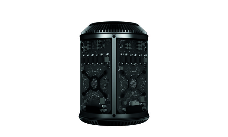 A black cylindrical computer tower with vents and circuit board design.