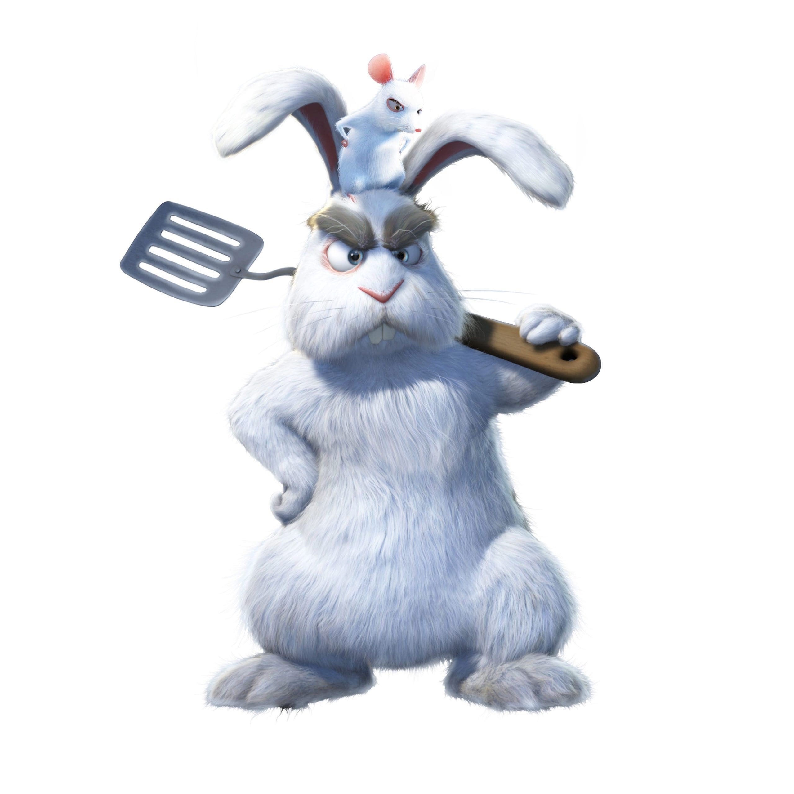 A cartoon rabbit with a spatula and a small white rabbit on its head.