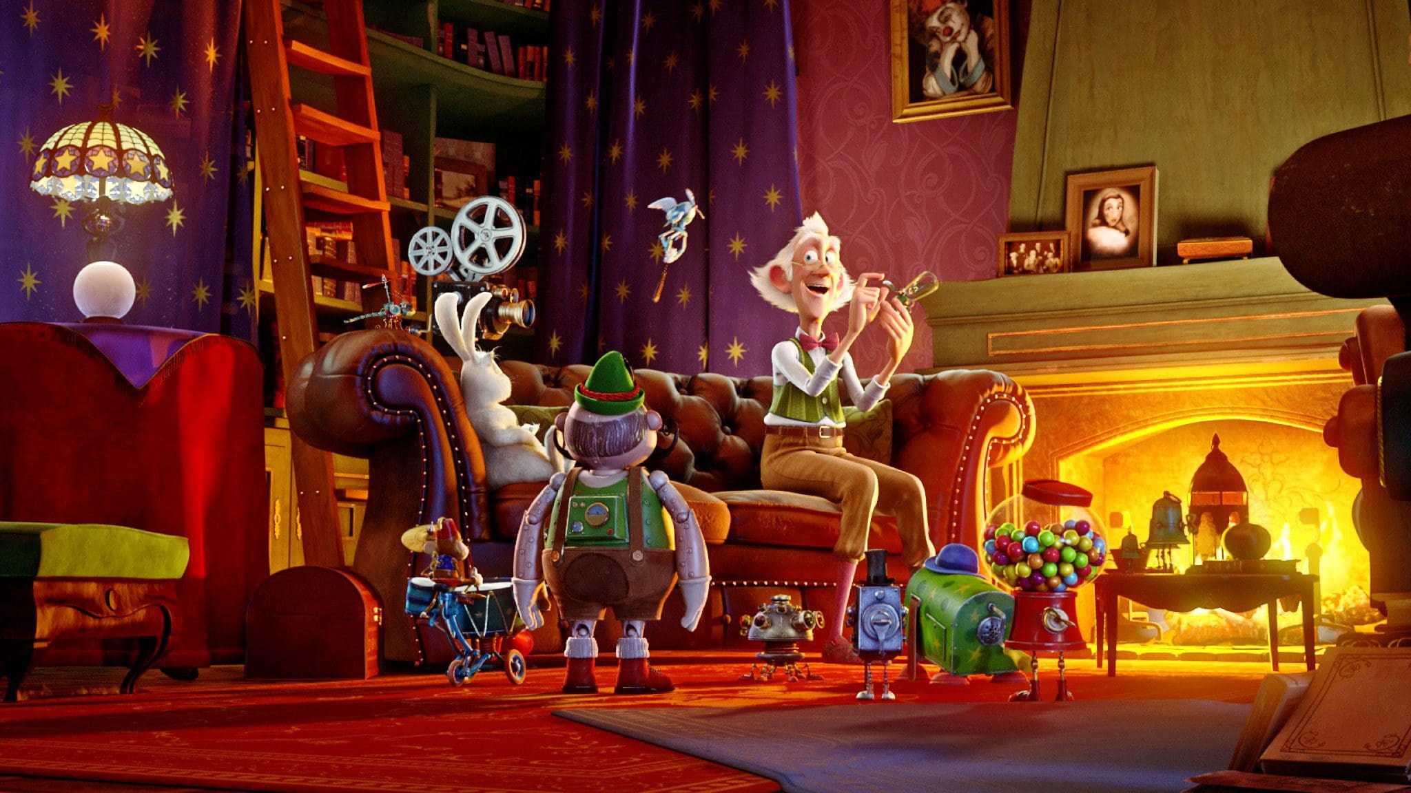 A cozy living room with animated characters sitting on a couch by a fireplace.