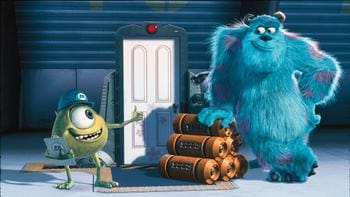 Two animated monsters with a door and canisters