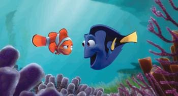Nemo and Dory swimming in a coral reef
