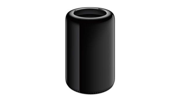 A black cylindrical computer tower on a white background.