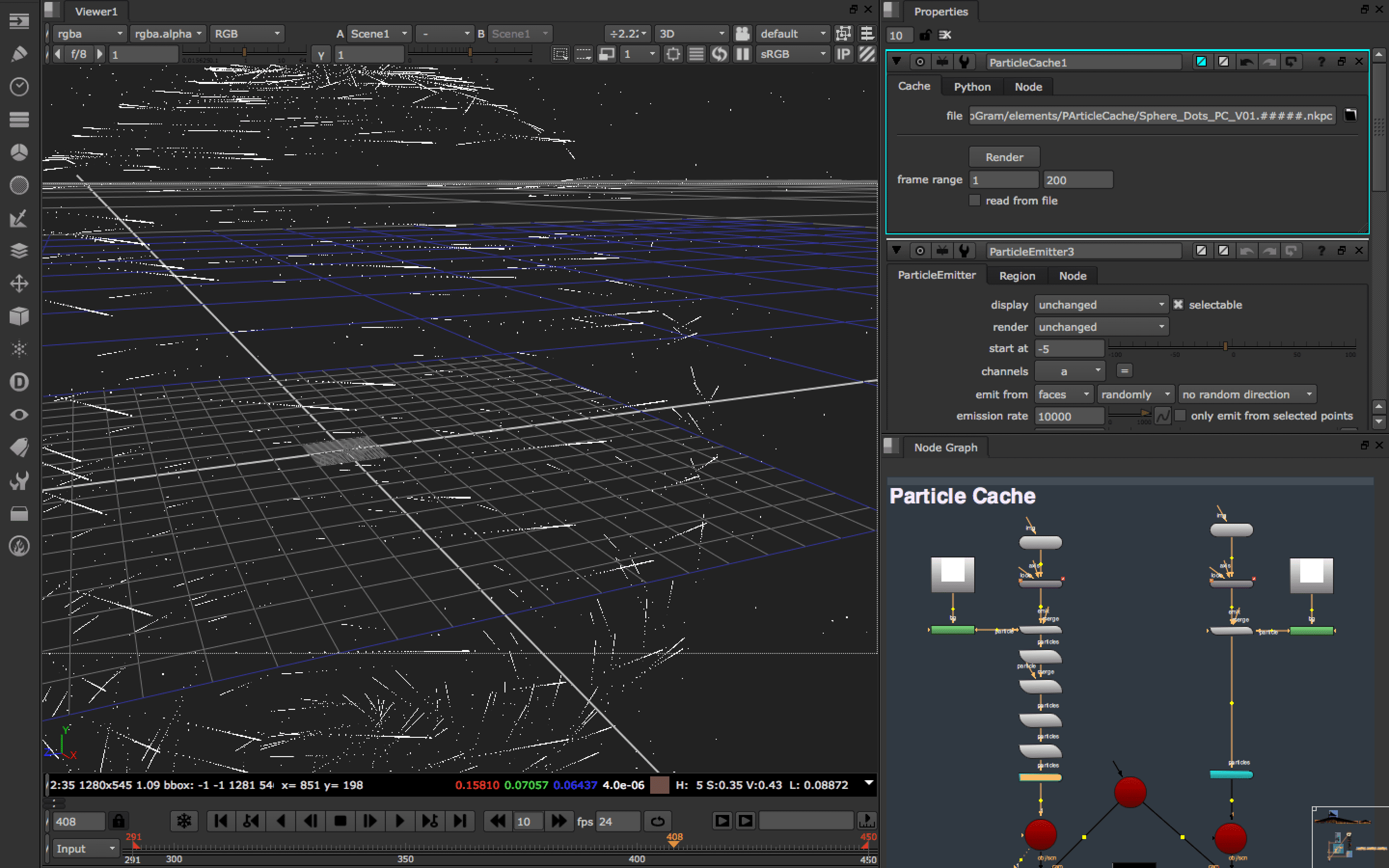 3D modeling software interface displaying particle cache settings
