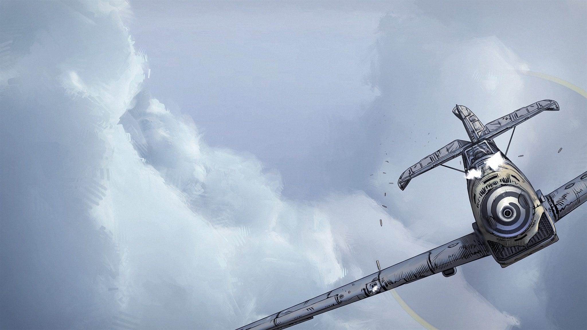 An aircraft flying above clouds in a blue sky.