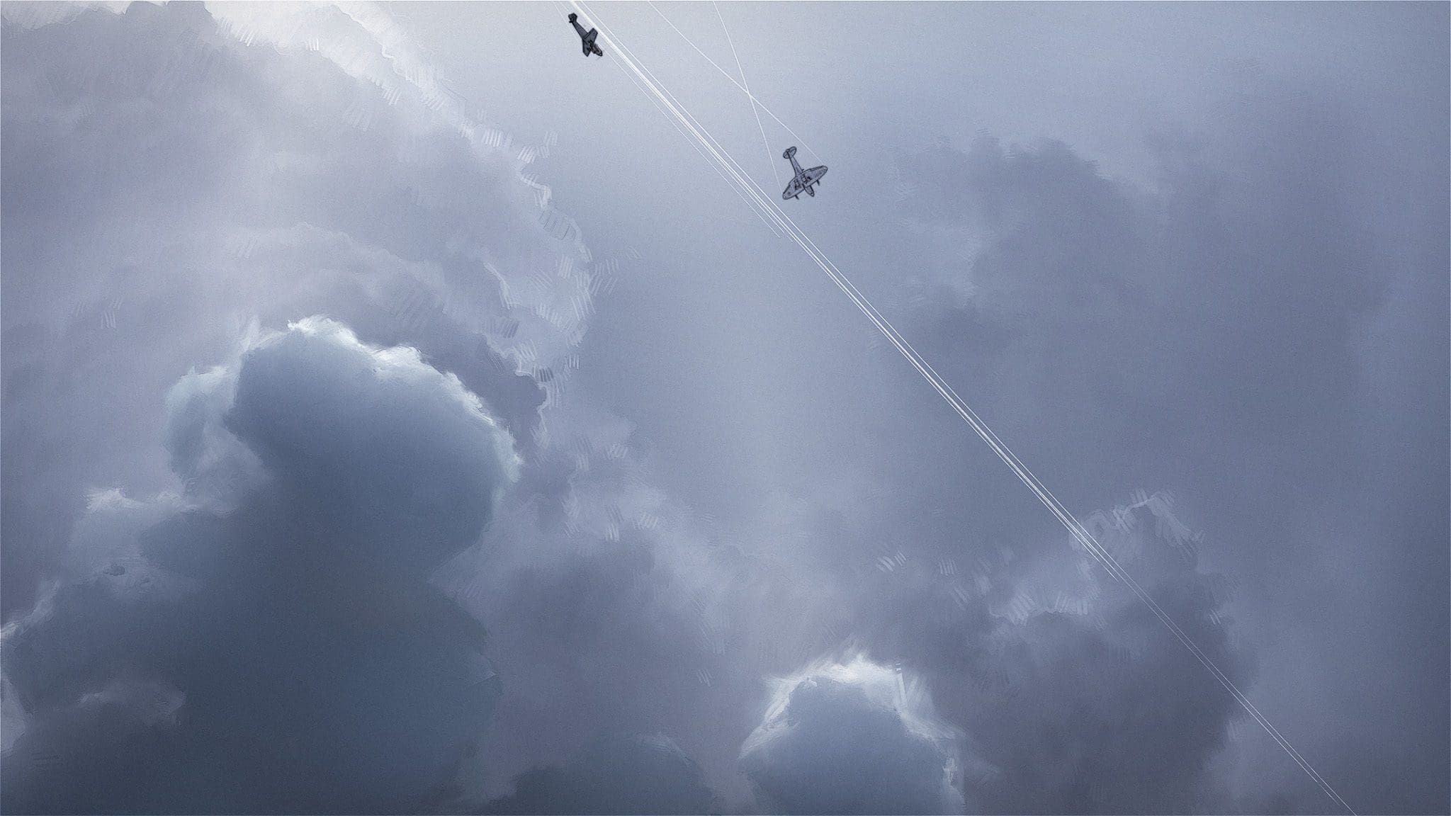 Two aircraft flying through cloudy sky