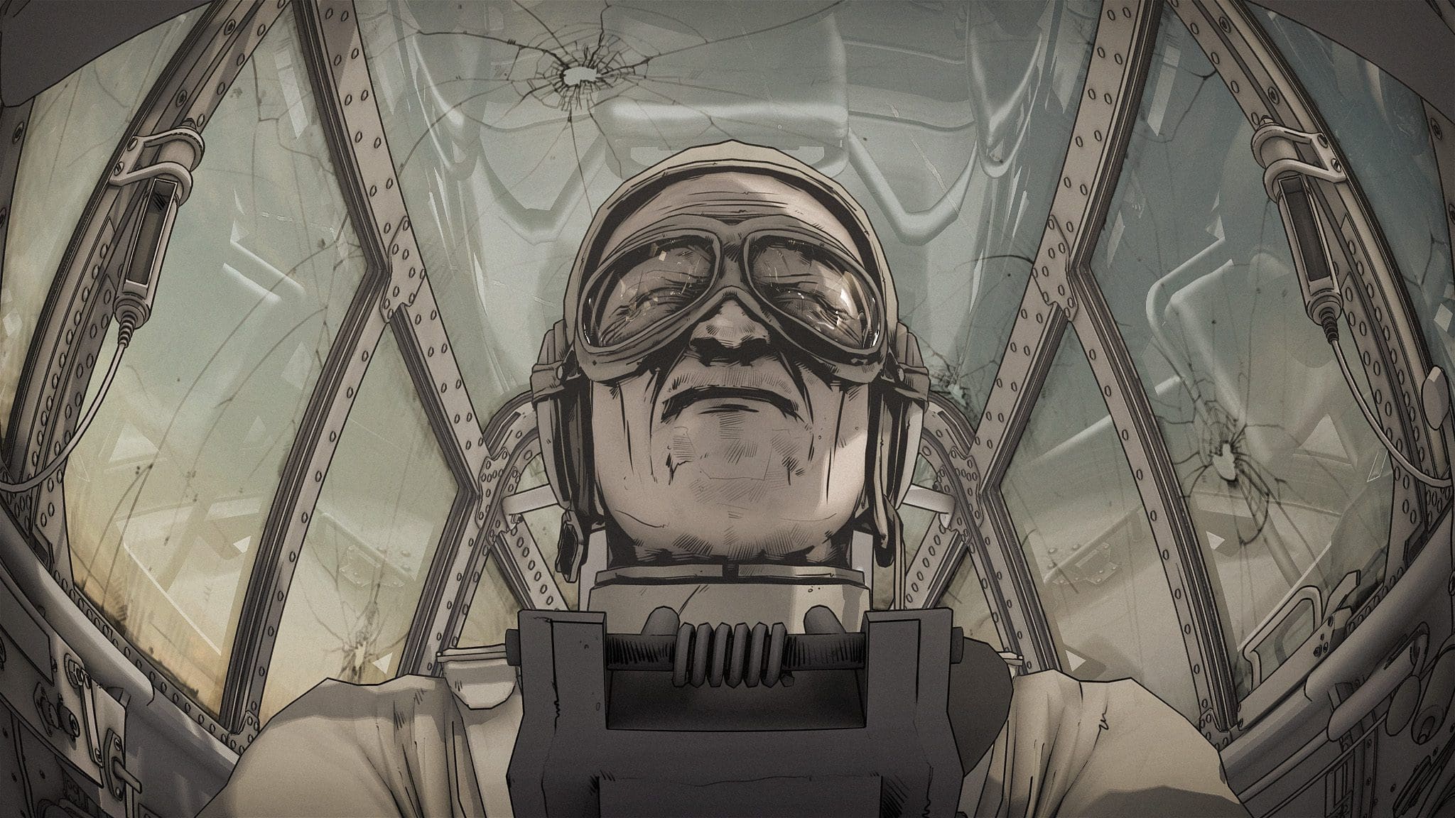 A pilot in a cockpit surrounded by shattered glass panels