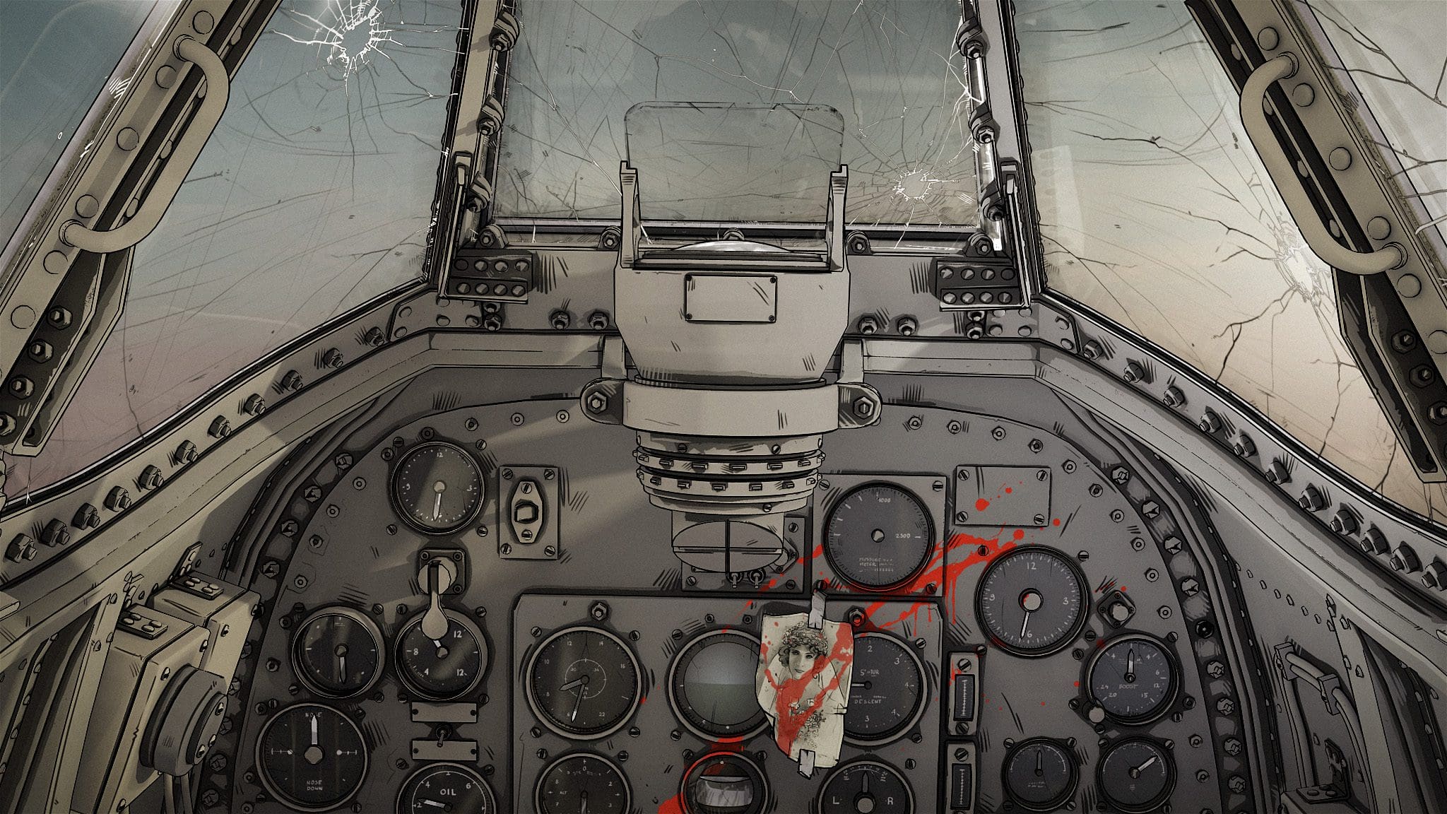 Cockpit view with broken glass and gauges