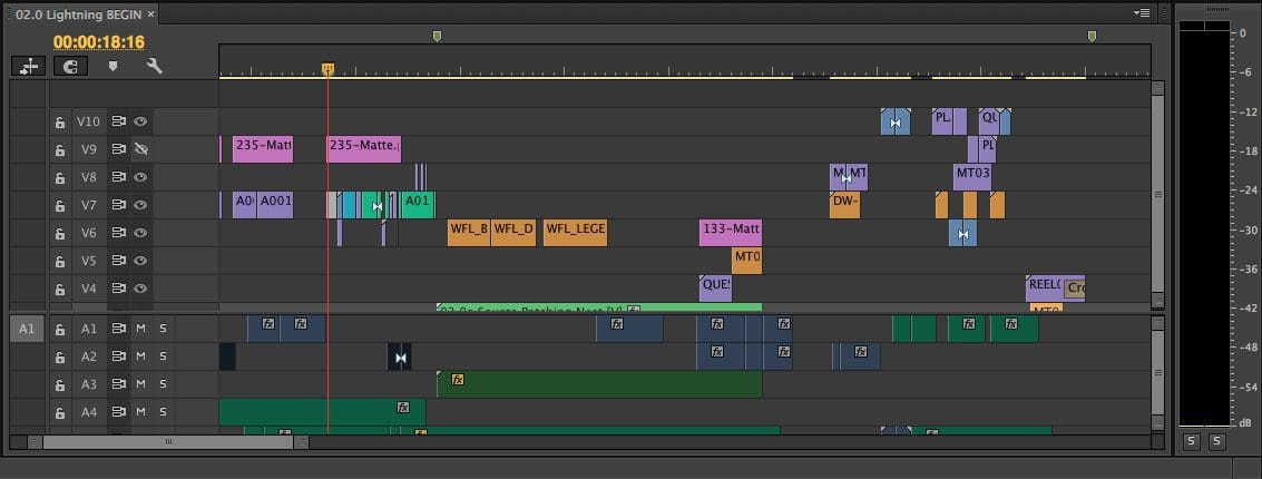 Video editing timeline with color-coded clips and audio tracks
