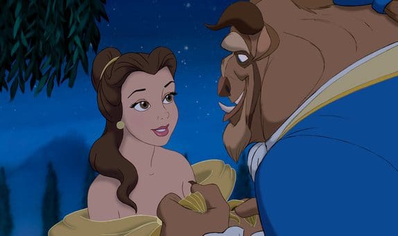 Animated characters Belle and Beast talking under a night sky