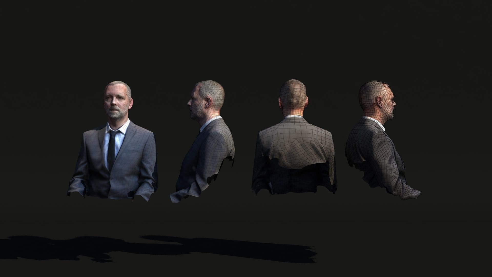 3D model of a man in a suit from multiple angles