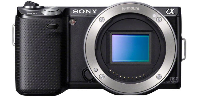 A black Sony camera with E-mount lens shown from the front.