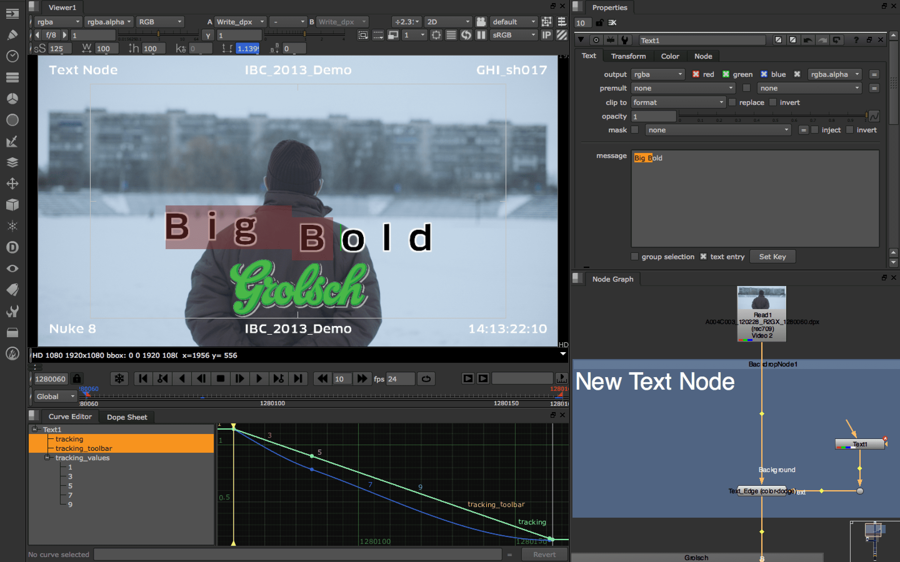 Editing software interface displaying a text node with a person in the background.