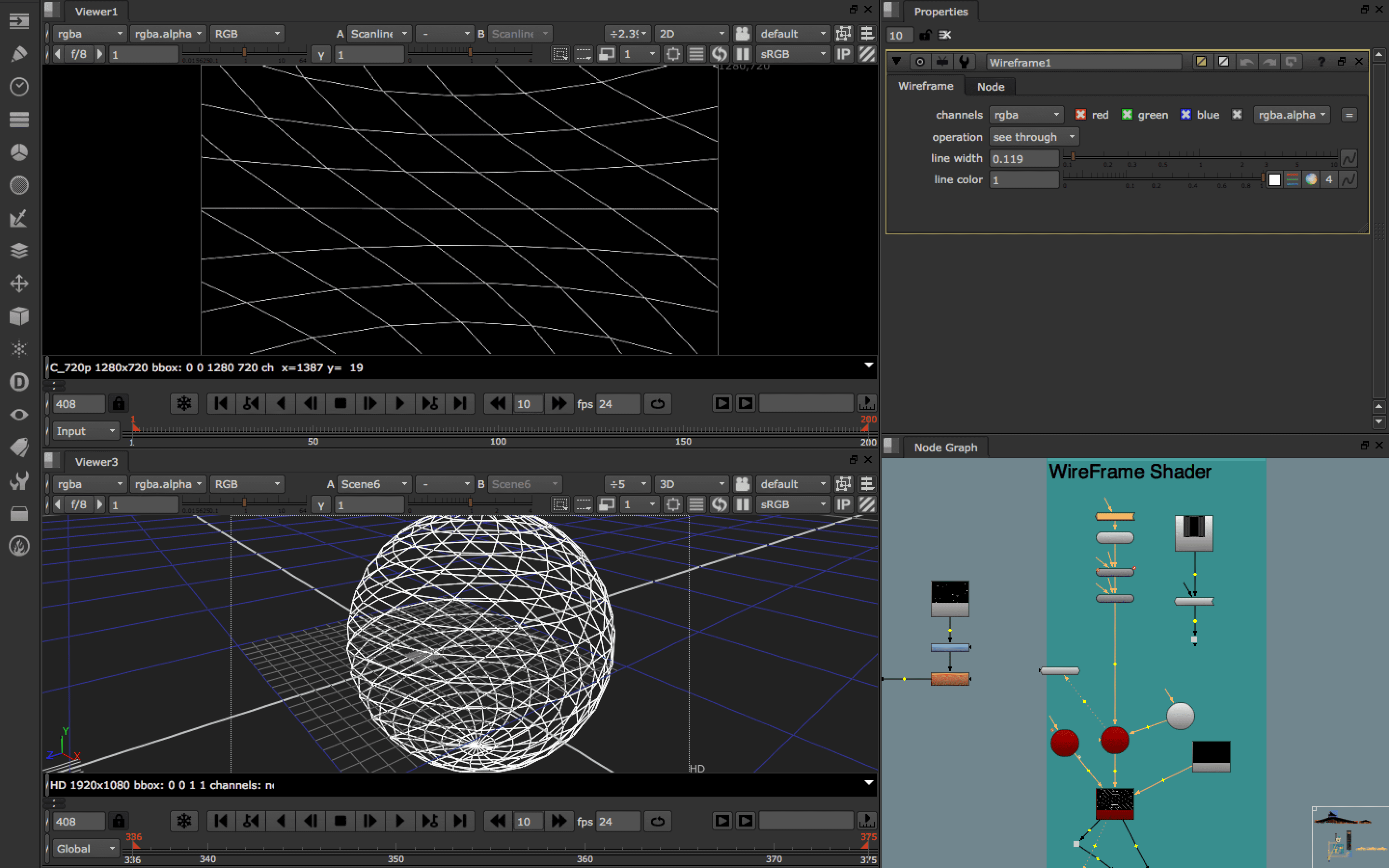 3D modeling software interface showing a wireframe sphere and node graph.