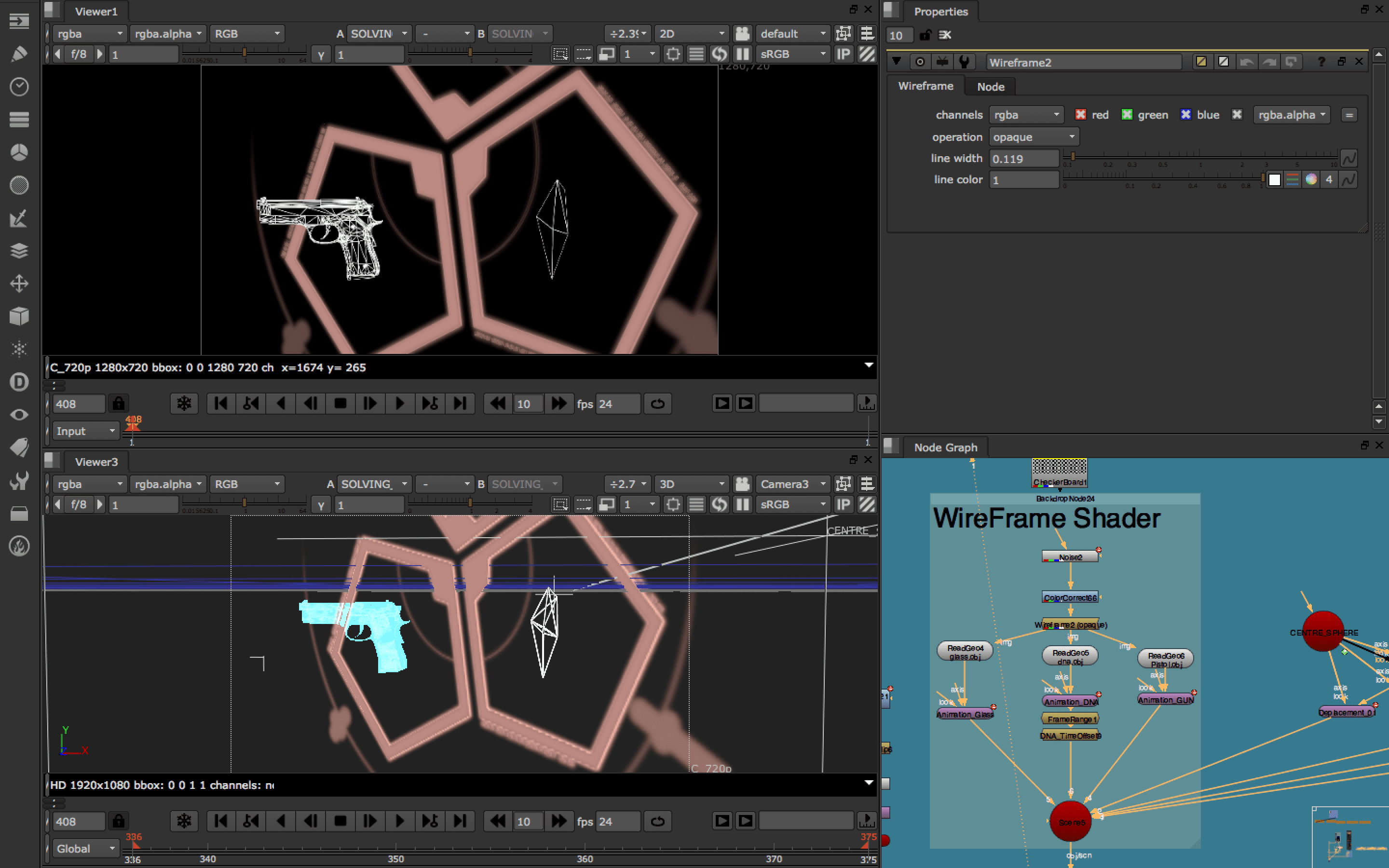 3D modeling software interface with guns and wireframe graphics.