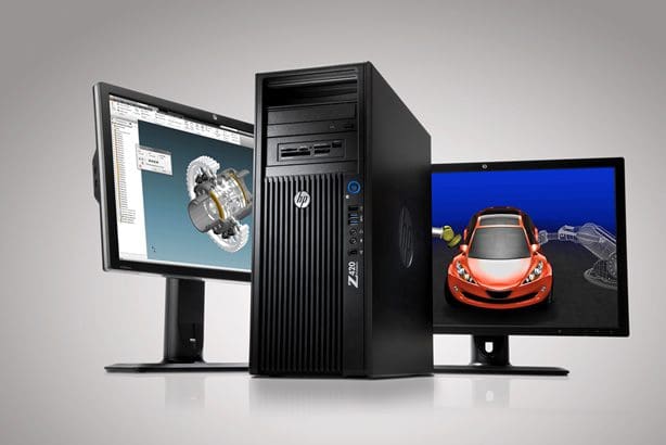 Desktop computer with two monitors displaying designs and 3D models