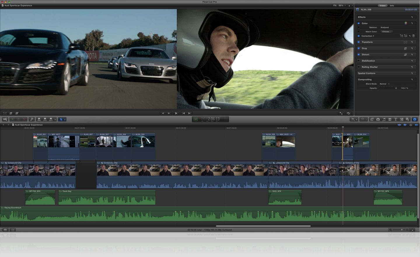 Video editing software interface with car footage