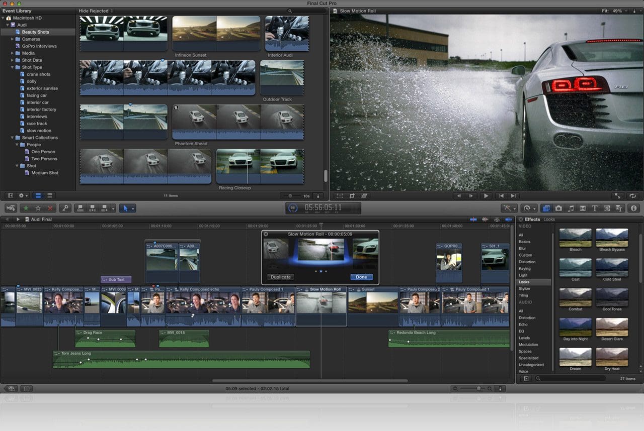 Video editing software interface with car footage