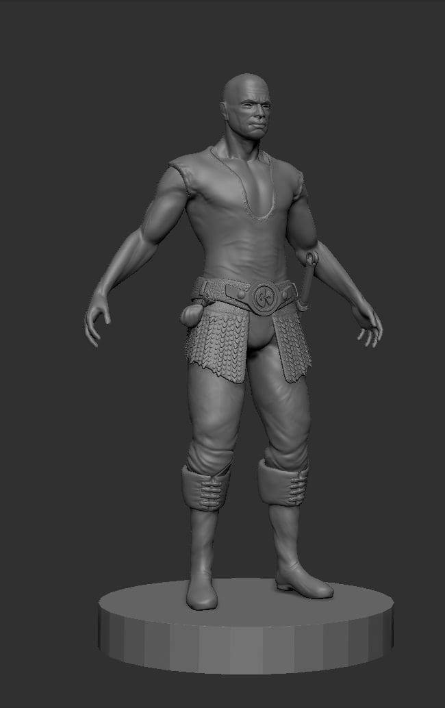 3D character model of a muscular man in a tunic and boots standing on a round base.