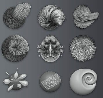Various 3D textures and patterns in grayscale displayed in a grid format.