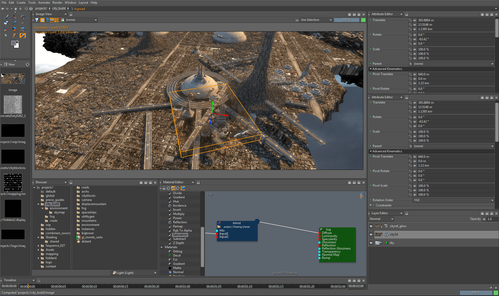 3D modeling software interface displaying a cityscape scene