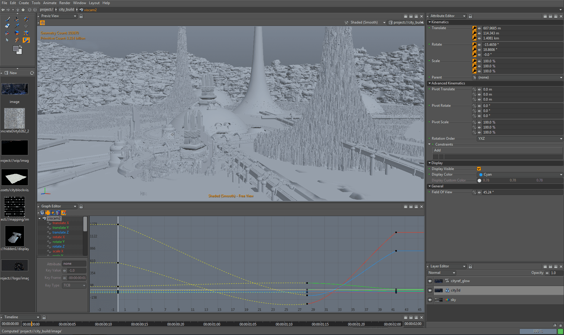 3D modeling software interface with a landscape scene